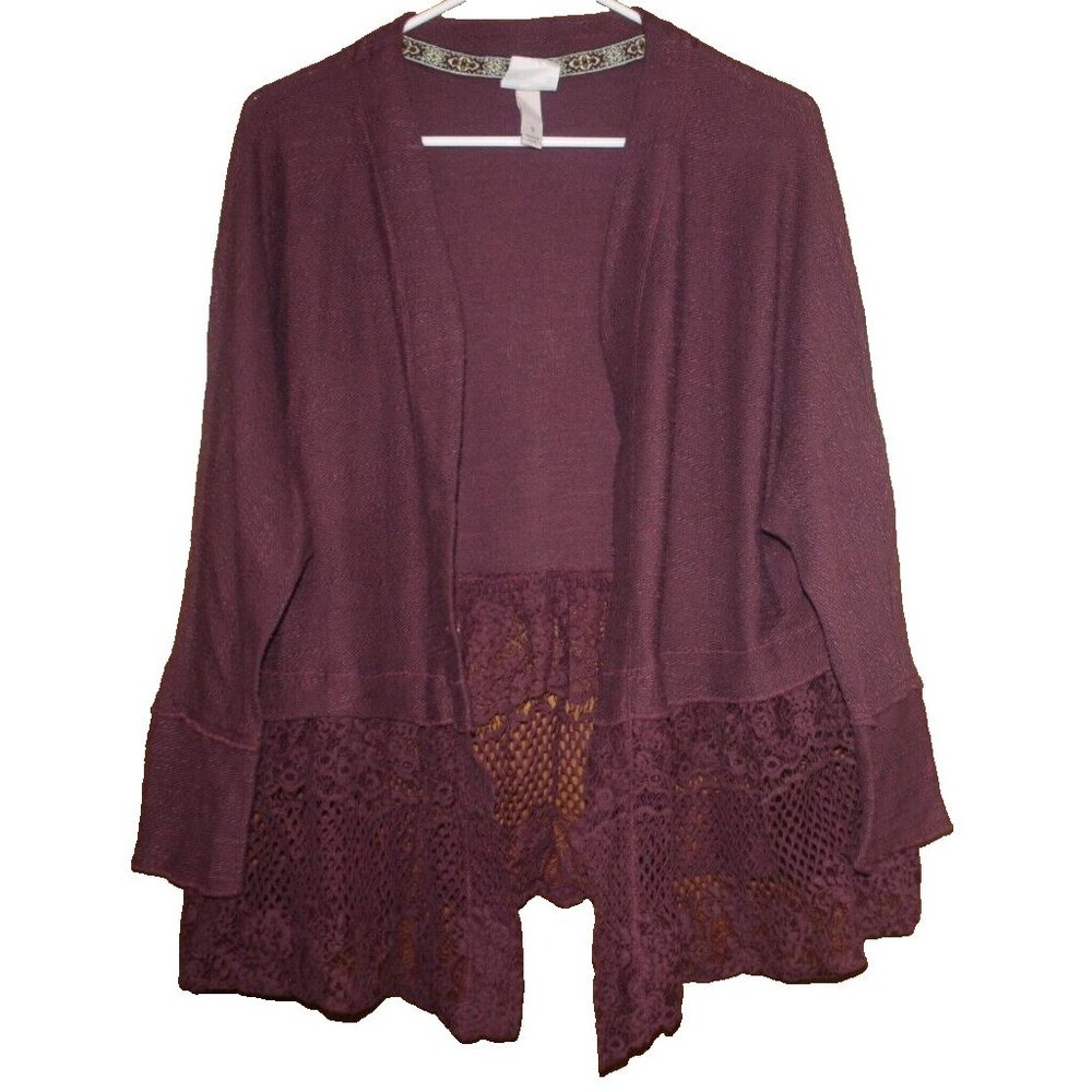 Knox Rose LS Cardigan Sweater Womens Sz S Purple Lace Trim Open Front GUC - Picture 1 of 7